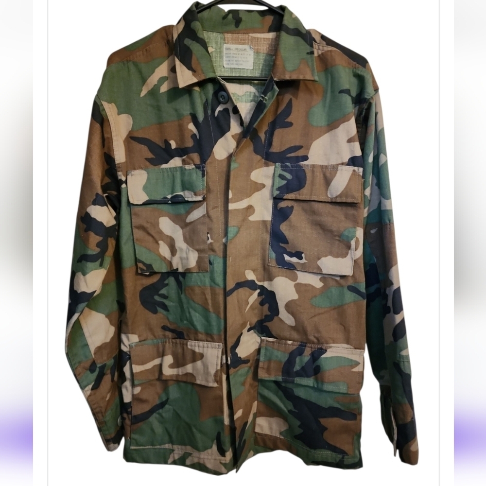 Vintage US Army Jacket Mens Woodland Camo Surplus Coat Military 80s 90s Small